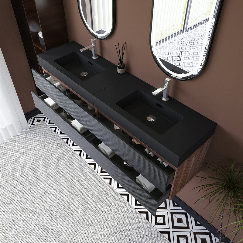 Meuble-lavabo mural avec lavabo à surface solide intégré, 72"