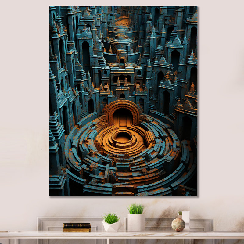 Ancienne pierre Maya gris et jaune labyrinthe II - labyrinthe d'art mural, Toile tendue, H 32 po x l 24 po
