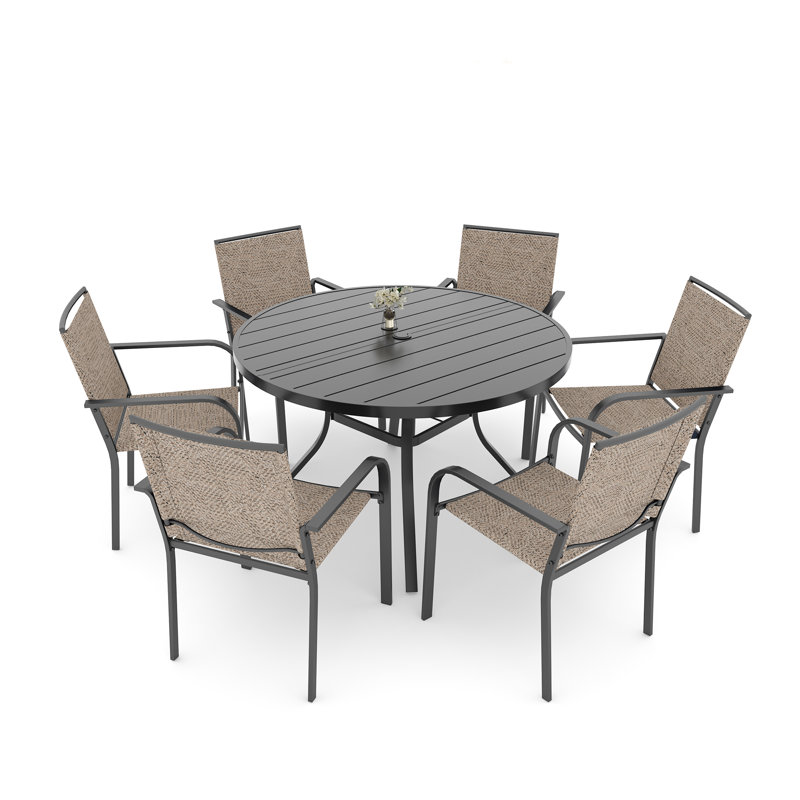 Ensemble de salle à manger de patio rond 48 po pour 6 personnes avec chaises empilables, Beige