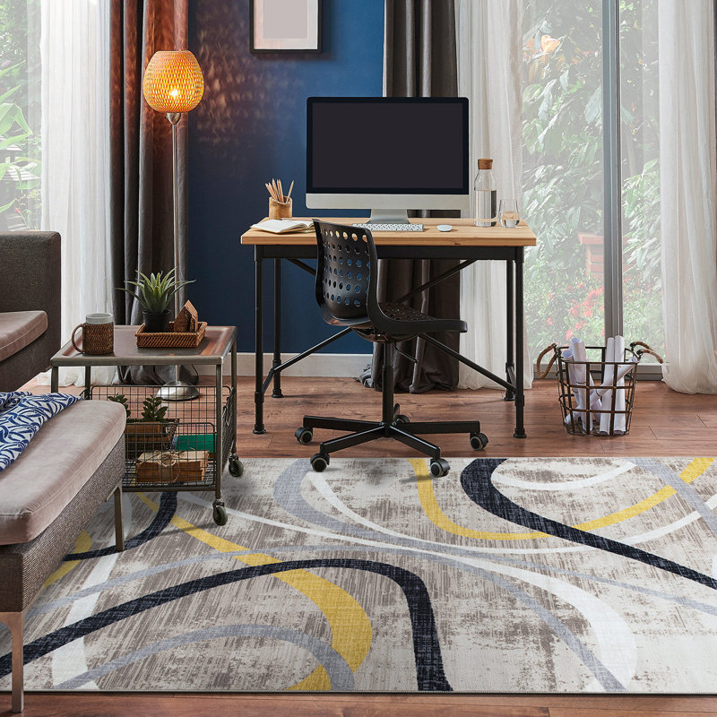 Contemporary Distressed Abstract Lines Non Slip Area Rug, Rectangle 5' x 7'