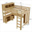 Lit mezzanine grand format au fini naturel, construction en pin et panneau de fibres à densité moyenne avec bureau de rangement intégré et garde-robe pour chambres d'enfant-129462922
