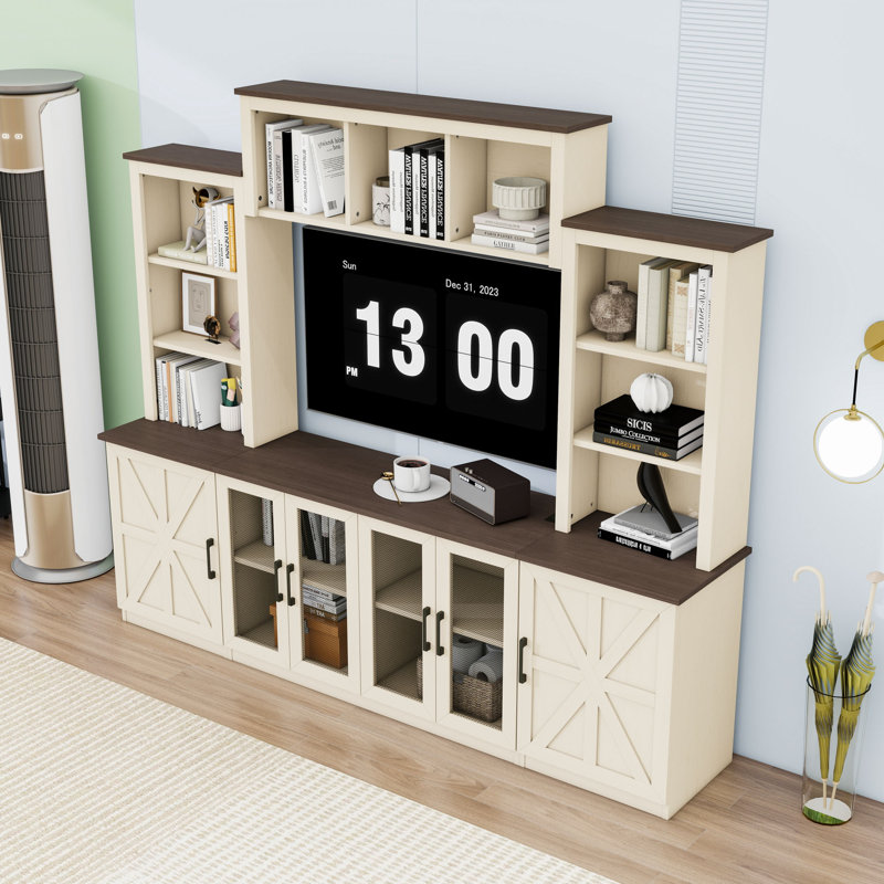 Meuble audio-vidéo moderne avec beaucoup de rangement, stations de charge intégrées et gestion des câbles, Beige / noyer