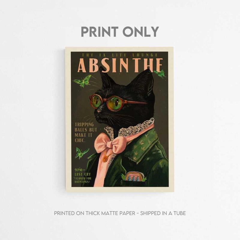 Illustration d'un bar à cocktail, illustration d'un chat de l'absinthe, H 8 po x l 10 po, Tanné, Tanné, Ne s’applique pas