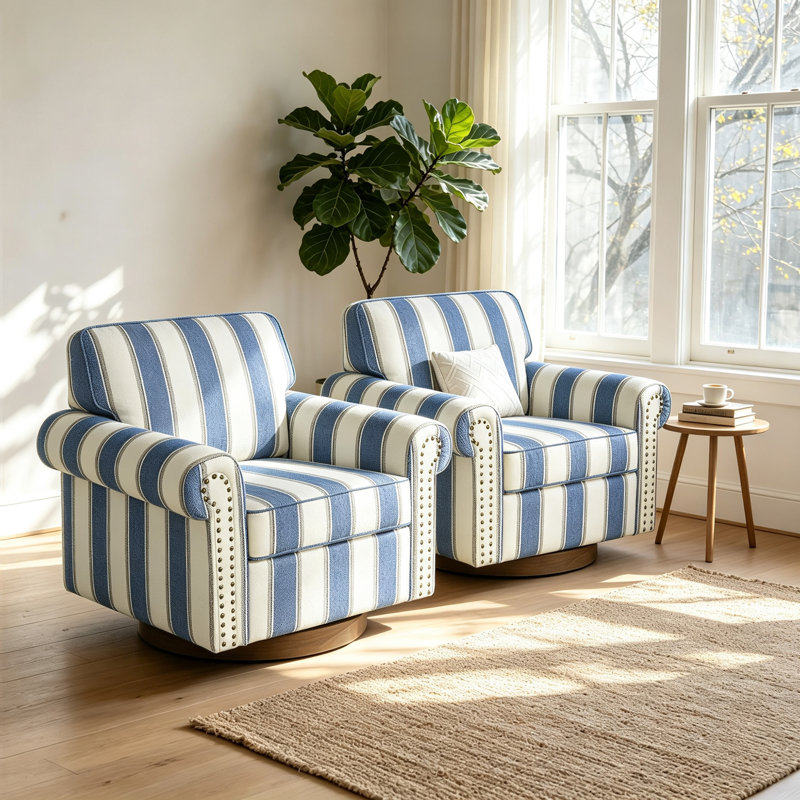 Fauteuil pivotant rembourré avec accoudoirs roulés et garniture cloutée, Rayures bleu marine