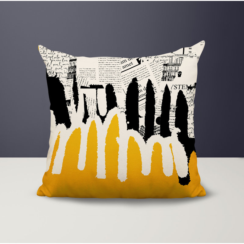 Oreiller carré réversible intérieur / extérieur Kisha, H 17 po x l 17 po, Jaune / noir / blanc cassé abstrait