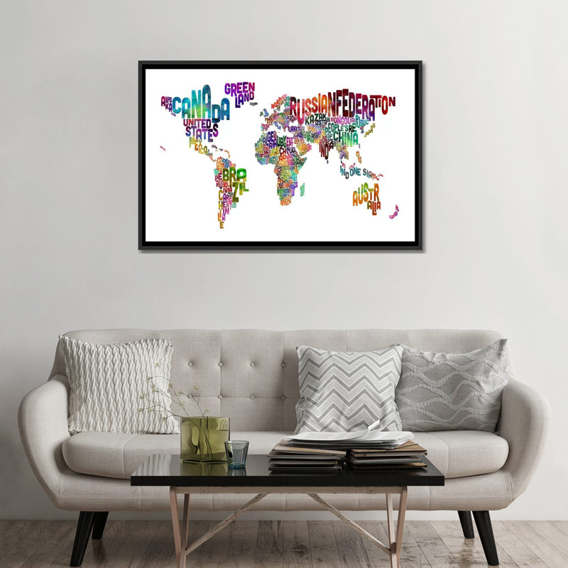 « world (pays), carte typographique ii » par michael tompsett, art textuel sur toile, H 32 po x l 48 po x P 1,5 po