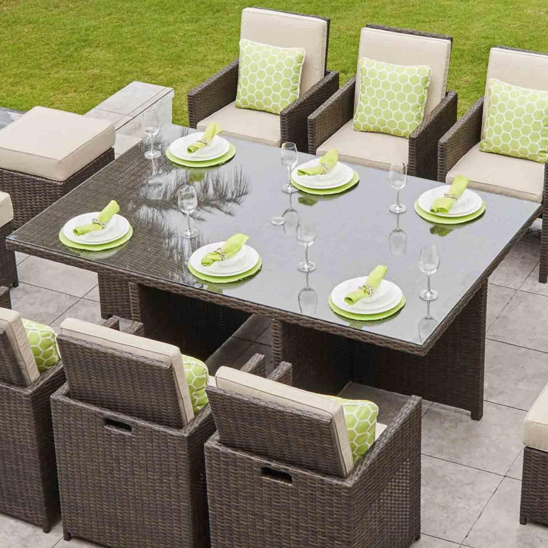 Table de salle à manger rectangulaire en osier avec trou pour parasol, Gris