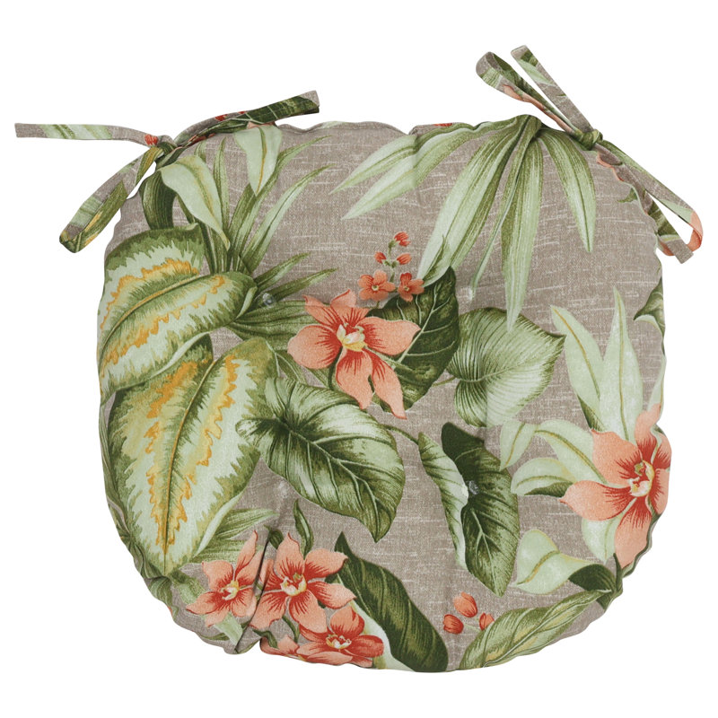 16-Inch Round Outdoor Tufted Chair Cushions (Set Of 4), Tan/Pink/Tahiti Sunrise Floral