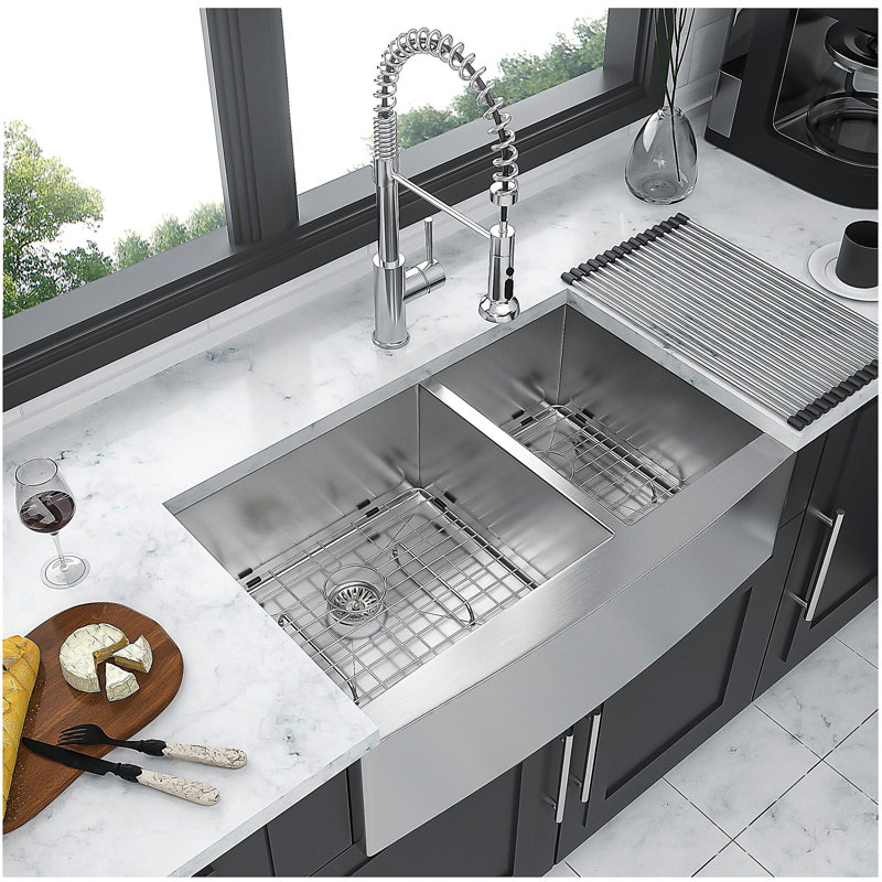 Évier de cuisine en acier inoxydable 33 po x 20 po à tablier frontal encastrable à double cuve de calibre 16 avec deux cuves profondes de 9 po - Évier de cuisine
