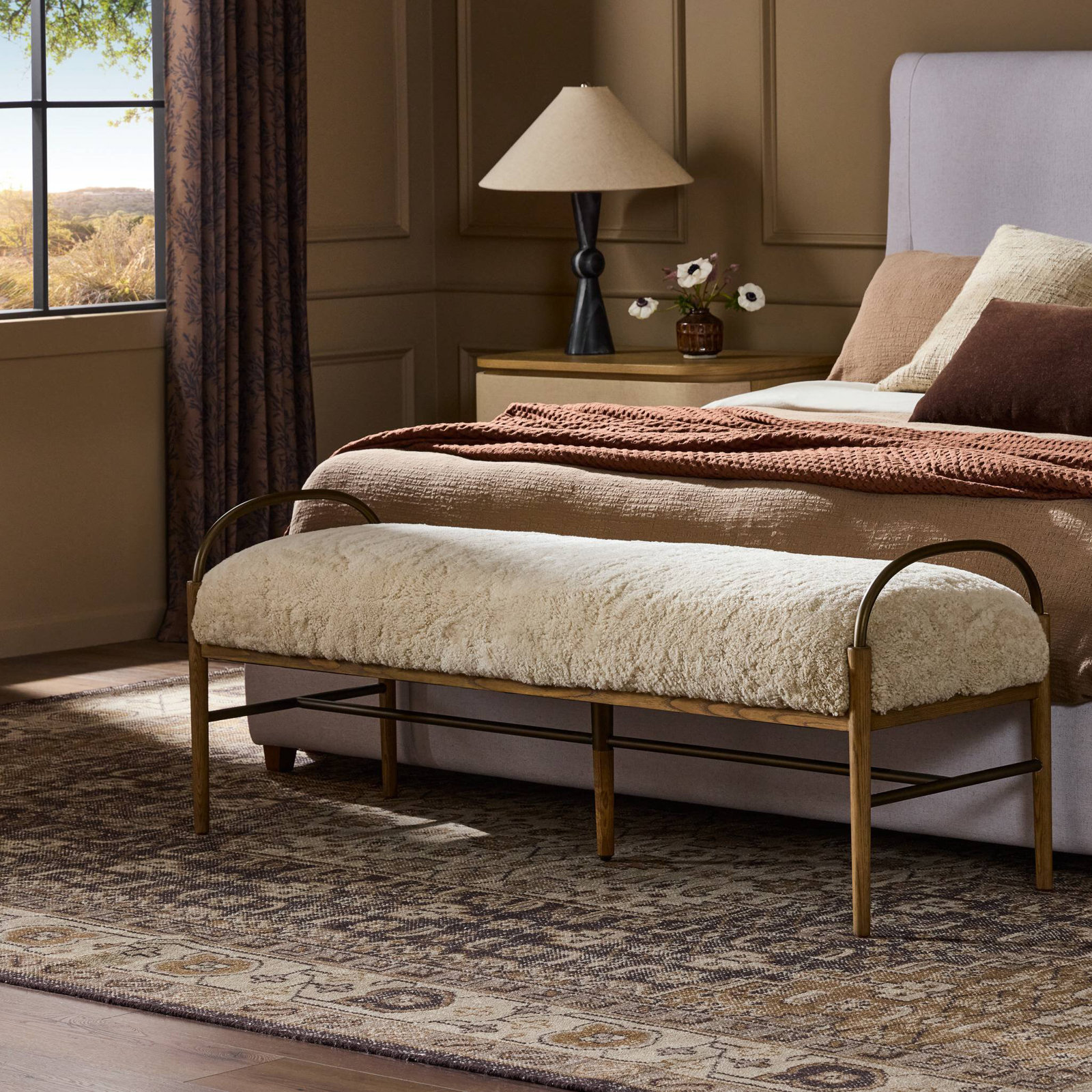 Demi 60" Entryway Bench, Beige Shearling
