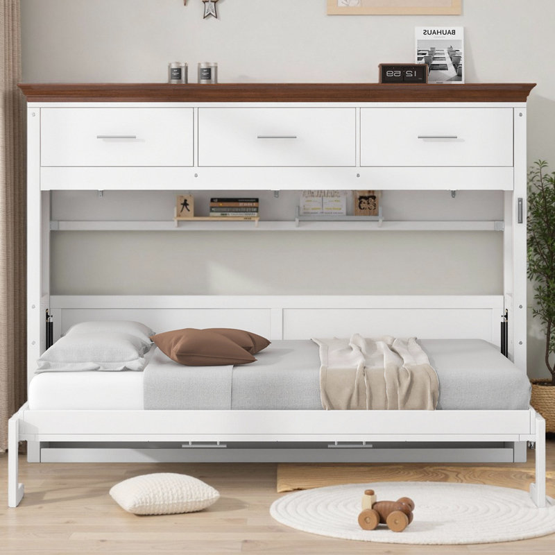Armoire murale simple avec rangement à 3 tiroirs, lit escamotable blanc