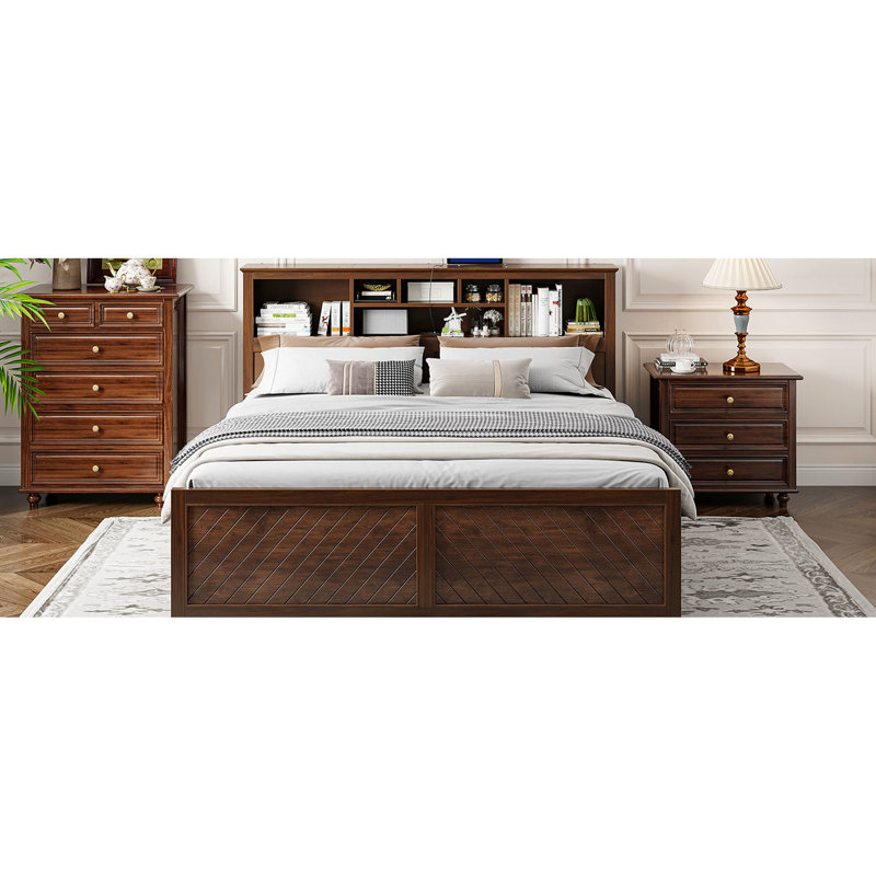 Lit très grand lit avec tête de lit multi et finition en bois antique - construction, sans sommier, espace de couleur de tiroir multicolore, ports, espace de tiroirs