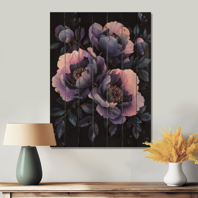 Fleurs de pivoines roses et mauves - décor mural en bois de pivoines - sur bois de pin naturel