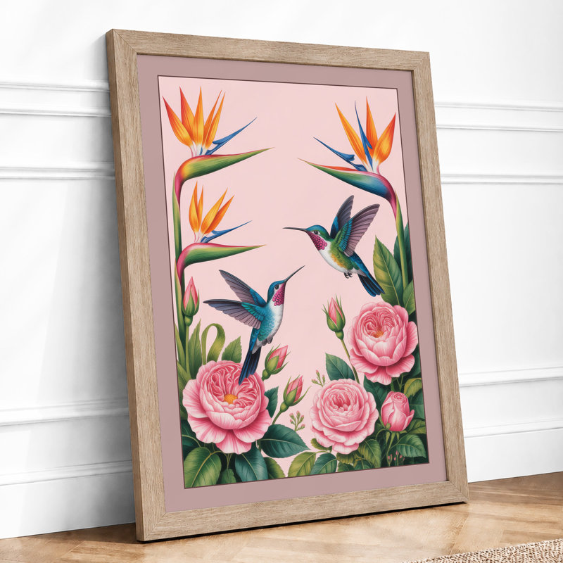 Hummingbirds and Blooms Botanical - Framed Print, A4 - 29.7 x 21.0 cm, Oak