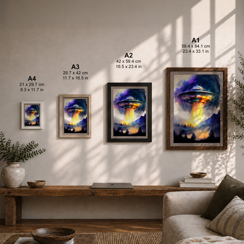 UFO in Moonlight Fantasy & Sci-Fi 1 Piece Single Picture Frame Wall Art, A2 - 59.4 x 42.0 cm, White
