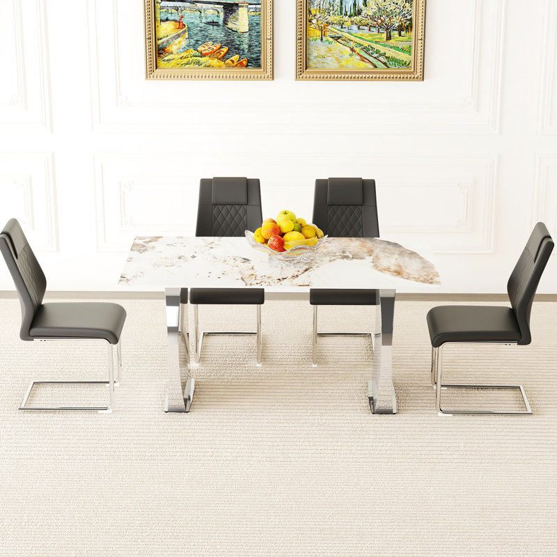 Modern Luxury Dining - Sintered Stone Tabletop, 4 Black Chairs With Silver Legs, Versatile For Different Rooms Ensemble Table, Slip And Secure Design