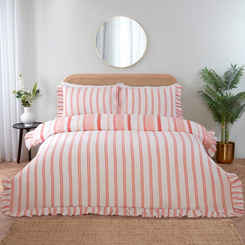 Cotton Blend Striped Duvet Cover Set, Pink, King