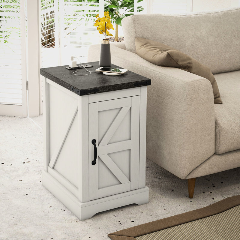 Table de bout blanche vieillie avec charge et ports, armoire de rangement de style salon