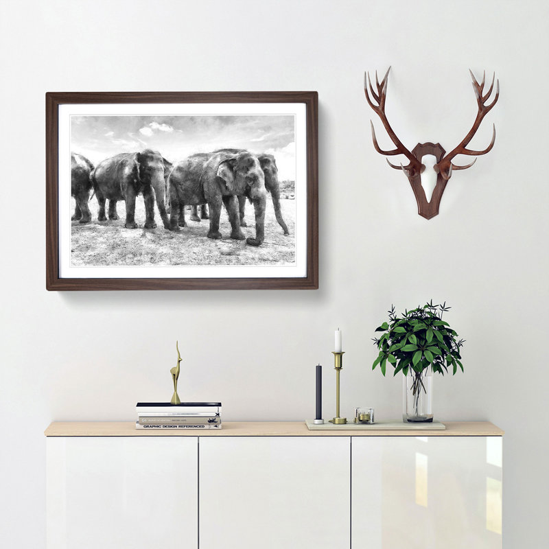 Elephants in Sri Lanka - Framed Print, 45cm H x 63cm W x 2cm D, Walnut Framed