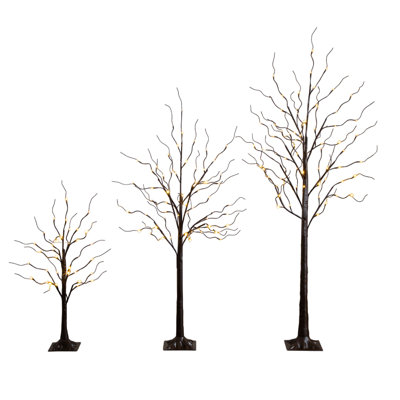 3Ft. 5Ft. 6Ft. Artificial Brown Birch Trees With Warm White LED Lights - Set Of 3