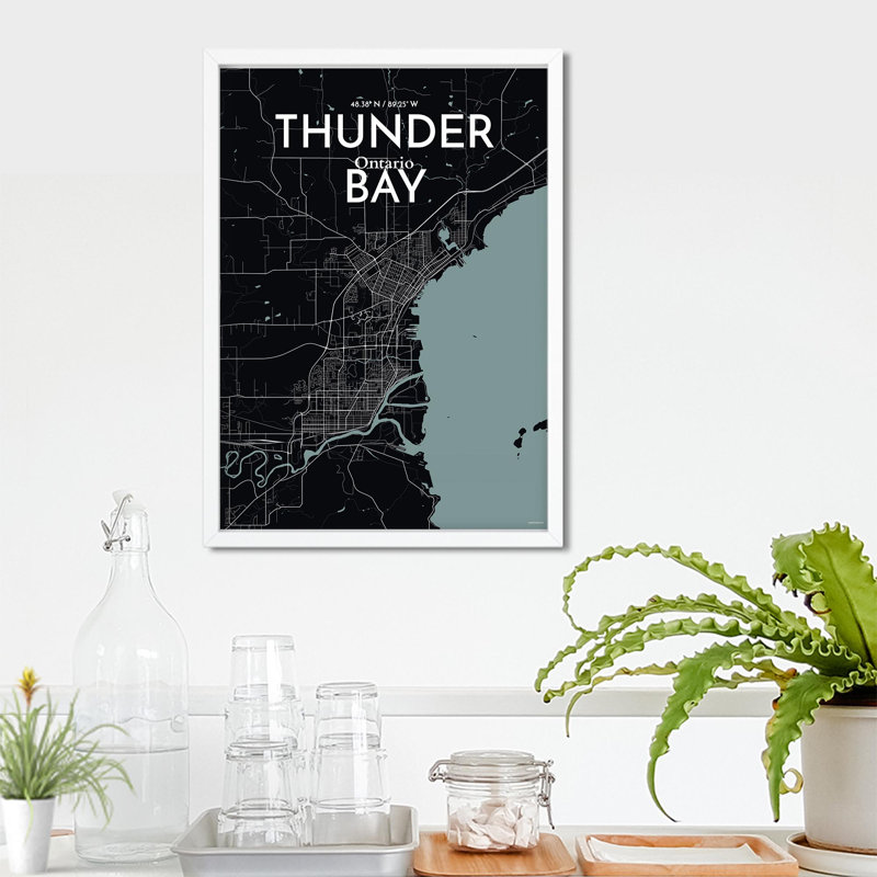 Thunder Bay City Map, impression, Gris/noir, H 27,6 po x l 19,7 po