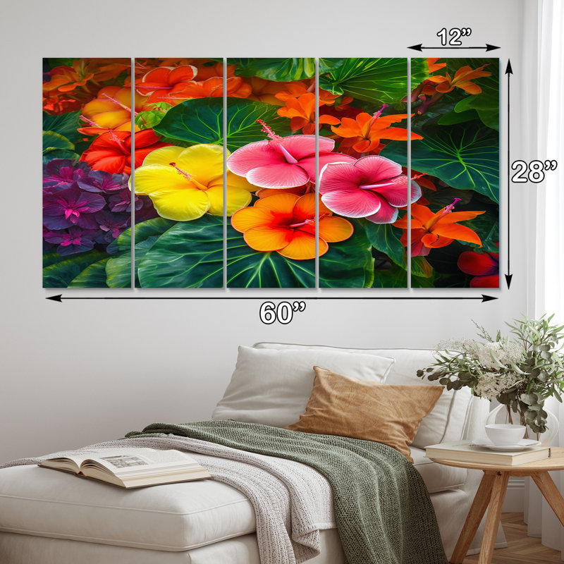 Vibrantly Happy Blossoming Tropical Flowers I - Décoration murale fleurs - 5 panneaux égaux