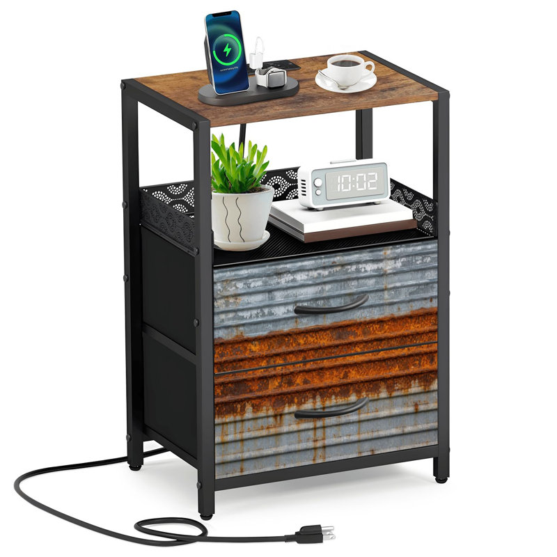 Table de chevet 2 tiroirs en tissu avec station de charge