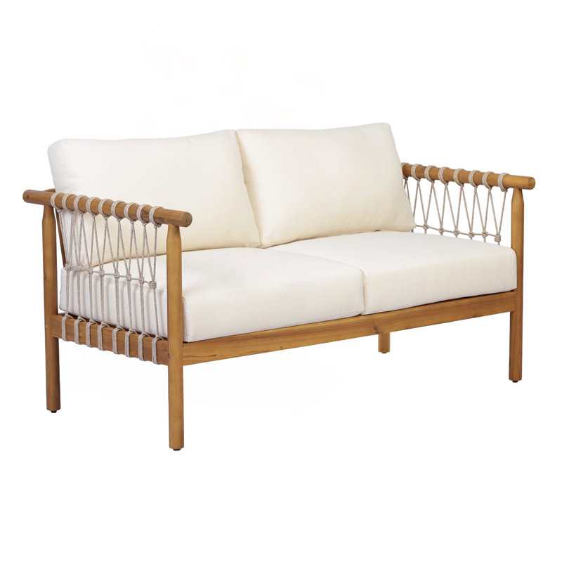 Causeuse d'extérieur surdimensionnée en bois d'acacia avec corde beige et coussins crème en teck, Teak