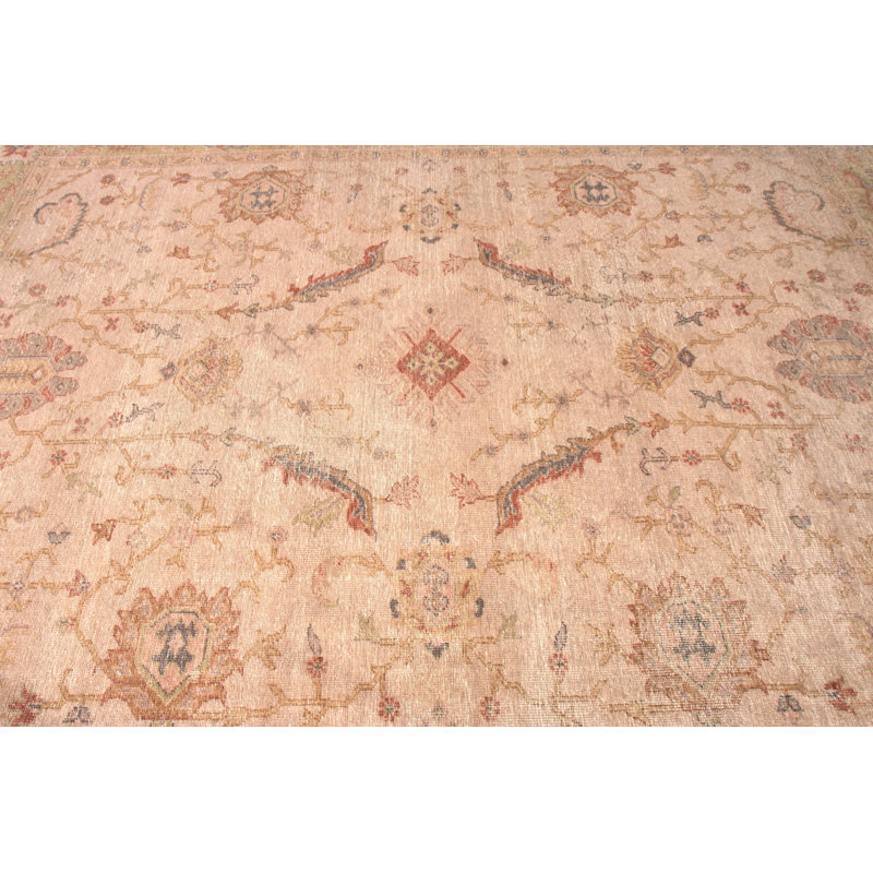 Hand-Knotted Distressed Floral Rug Beige Pink Classic Pattern, Rectangle 10' x 14'