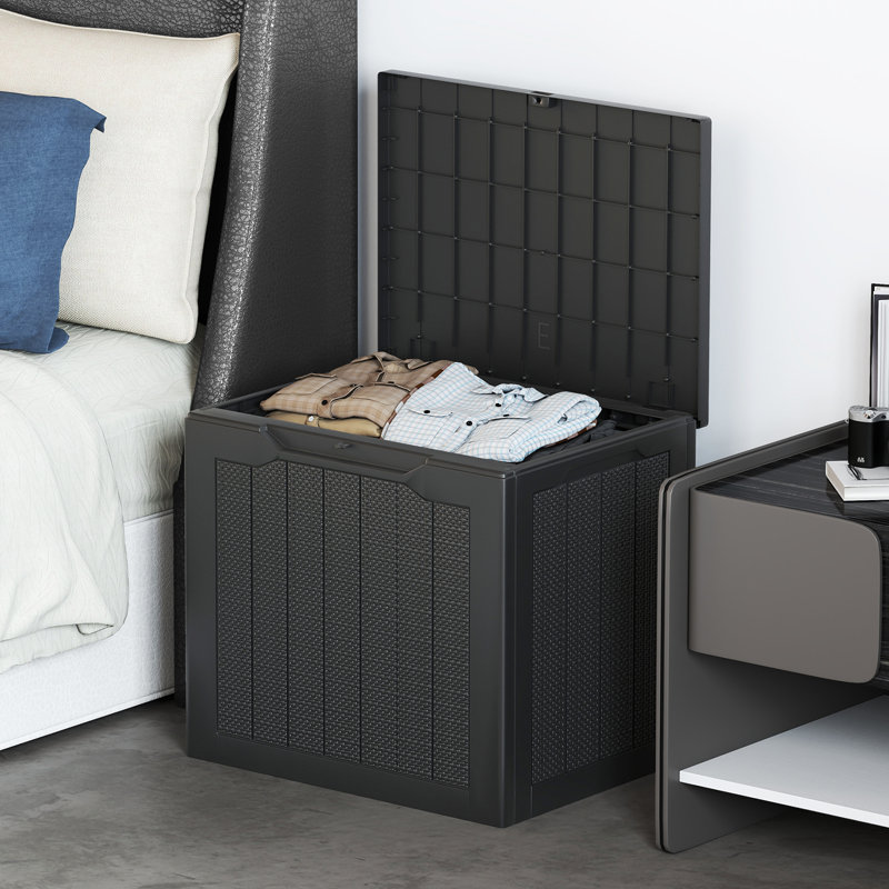 Boîte de rangement extérieure Gymax avec couvercle verrouillable et texture tissée en osier pour accessoires de piscine - noir