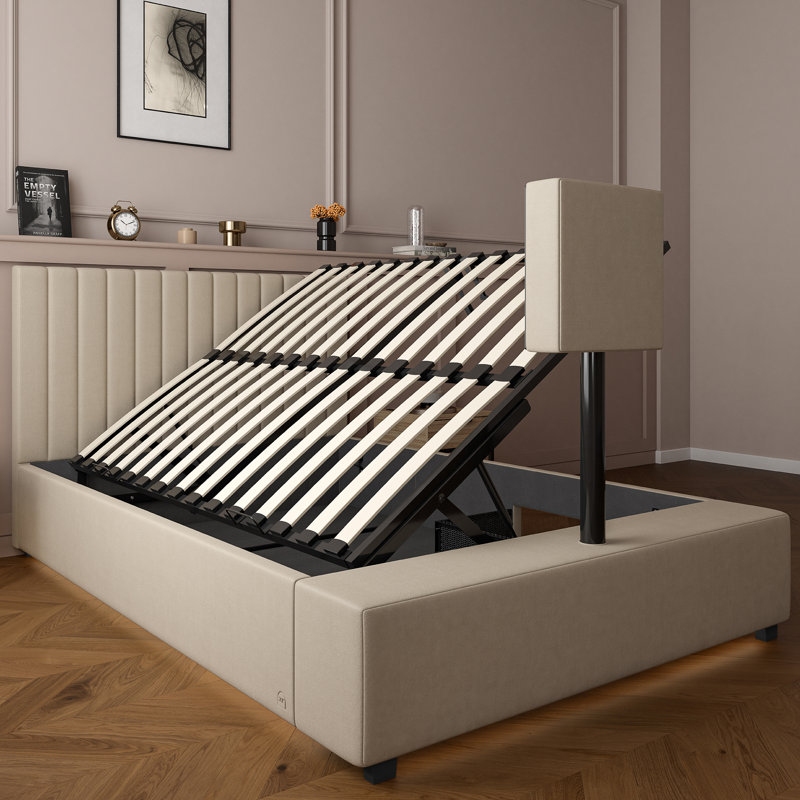 XR Living Maisie Fabric Ottoman TV Bed with LED Lighting, Cream, Double (4'6)