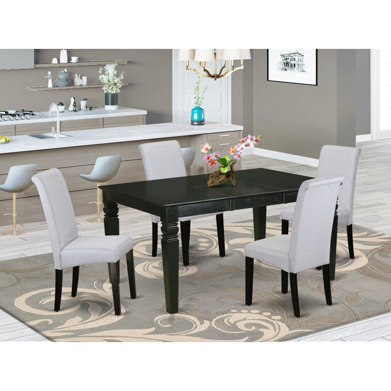 5 Piece Modern Dining Table Set Includes a Rectangle Wooden Table with Butterfly Leaf and 4 Grey Linen Fabric Parsons Dining Chairs, Black