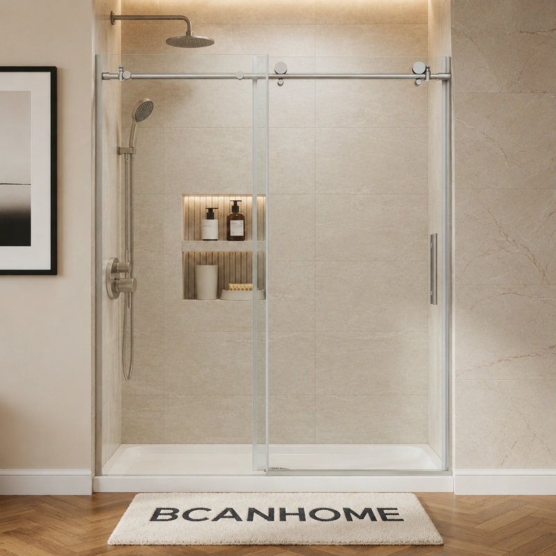 BCANHOME 56–60"W x 76"H Frameless Sliding Shower Door–10 mm (3/8") Tempered Glass | Stainless Steel Anti-Rust Hardware | Explosion-Proof Film, Easy-Clean Design, Smooth Sliding Performance | Clear & Stylish, Sturdy & Durable