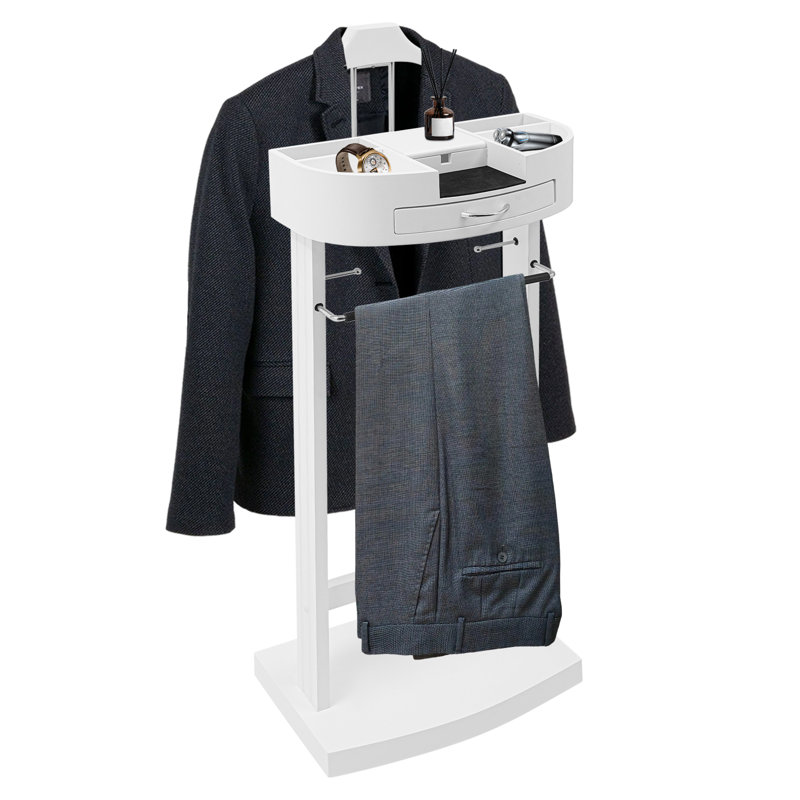 White Freestanding Sturdy Base Wooden Suit Clothes Coat Stand With Drawer