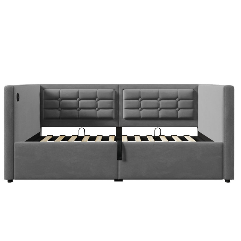 Upholstered Twin Size Daybed, Hydraulic Storage Twin Bed Frame With USB & Type-C Charging, Bed Frame With Wooden Slats And Tufted Sofa Back, Gray, Velvet (Without Mattress)