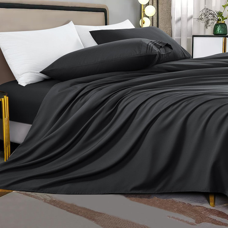 6 Pieces Bamboo Cooling Bed Sheets Set - 16" Deep Pockets, Black, King Sheet Set + 1 Fitted Sheet + 4 Pillowcases