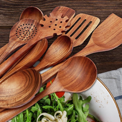 10-Piece Teak Wooden Utensil Set For Cooking - Nonstick Cookware Safe, Heat Resistant & Eco-Friendly Wooden Spoons, Spatulas & Kitchen Tools