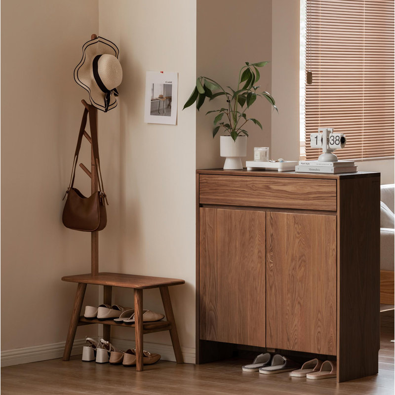 Tabouret à chaussures en bois massif naturel avec porte-tissu, Noyer