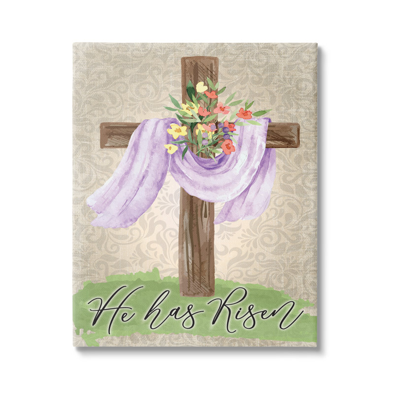 «He Has Risen Spring Floral Cross Brown Damask» par ND Art - impression, Toile tendue, H 40 po x l 30 po x P 1,5 po