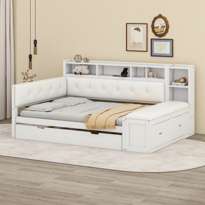Lit de jour double avec tête de lit rembourrée rembourrée et coussin de banc latéral, structure de lit de jour en bois avec lit gigogne, tablettes ouvertes de rangement, banc