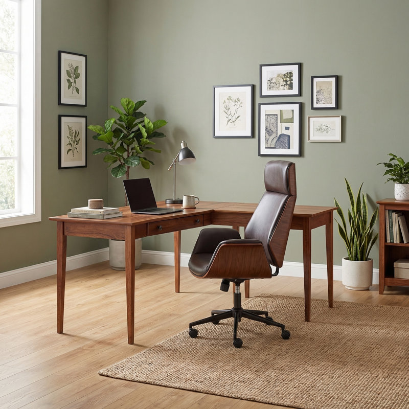 Bureau en L en bois massif Malani, Golden Pecan