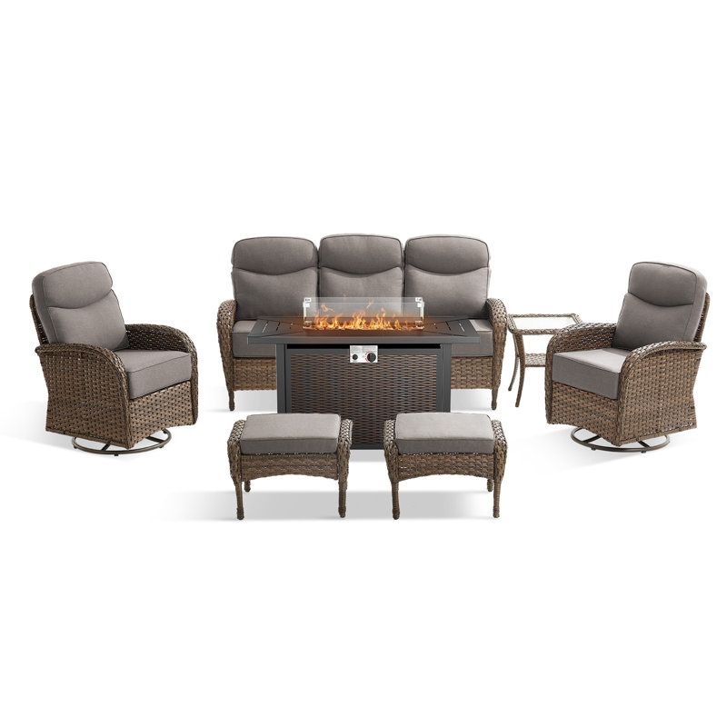 Himonia 7-Piece Outdoor Wicker Patio Rectangle Metal Fire Pit Table Conversation Set With Swivel Gliders And 6" Thick Cushions