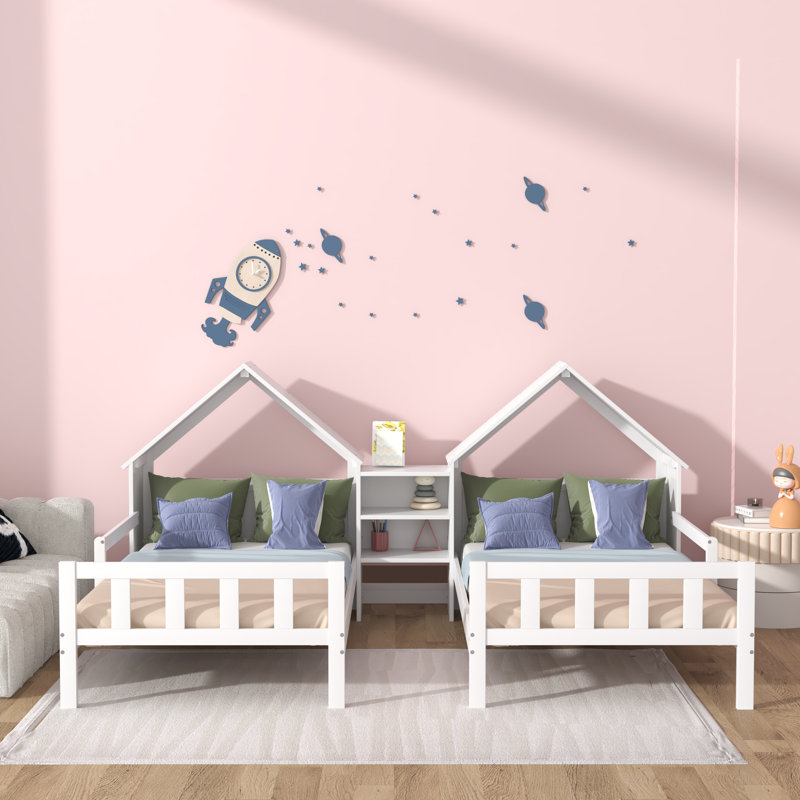 Bookcase Double Twin Bed with House-shaped Headboard and a Built-in Nightstand, White