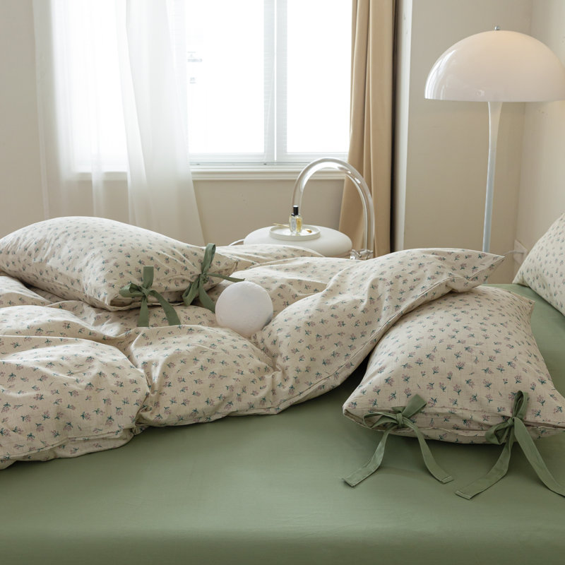 Pure Cotton Floral Print Bedding Duvet Cover Set, Twin Duvet Cover + 2 Twin Pillowcases, Green Floral