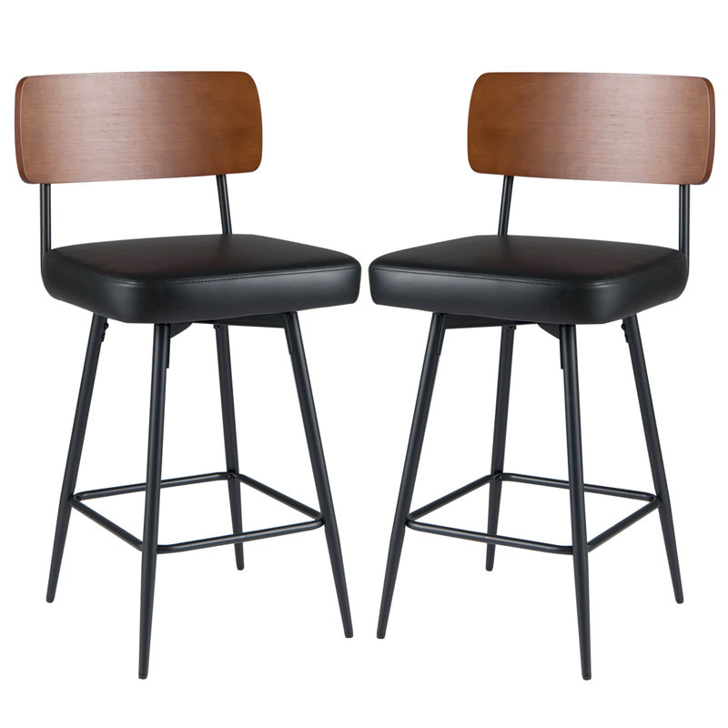 27” Padded Counter Barstools Set of 2 with Wooden Backrest & Metal Legs, Footrest Black, Black, 2