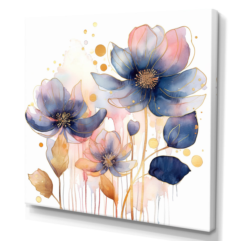 Blooms bleu et beige harmonieux I - art mural floral salon_105660, H 36 po x l 36 po x P 1,5 po, Toile tendue
