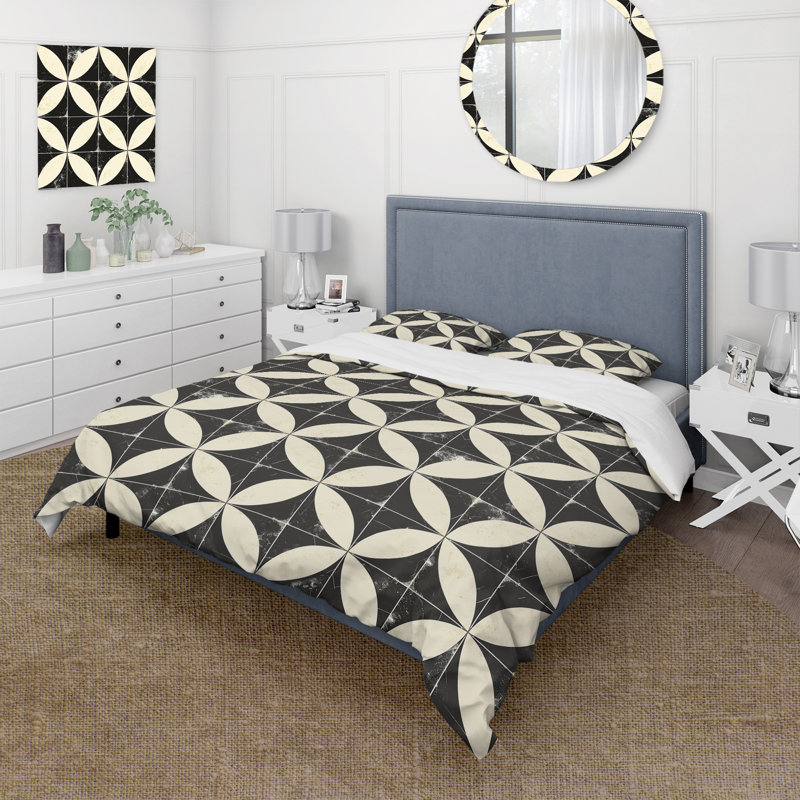 Ensemble de housse de couette beige et noir Midcentury Tiles - Midcentury, Housse de couette pour grand lit + 2 taies décora