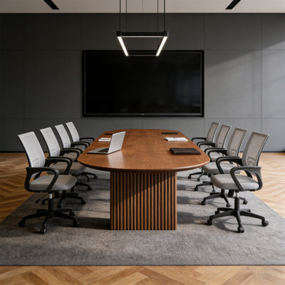 8-Person Solid Wood Conference Table with 8 Breathable Mesh Chair Set