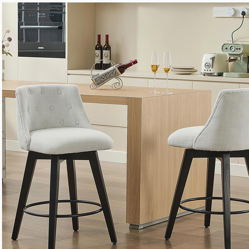Tabouret de bar pivotant, tissu de lin moderne avec coussin à boutons, élégant tabouret de bar, ensemble 2 pièces, convenant au bar, à l'îlot de cuisine, à la salle à manger