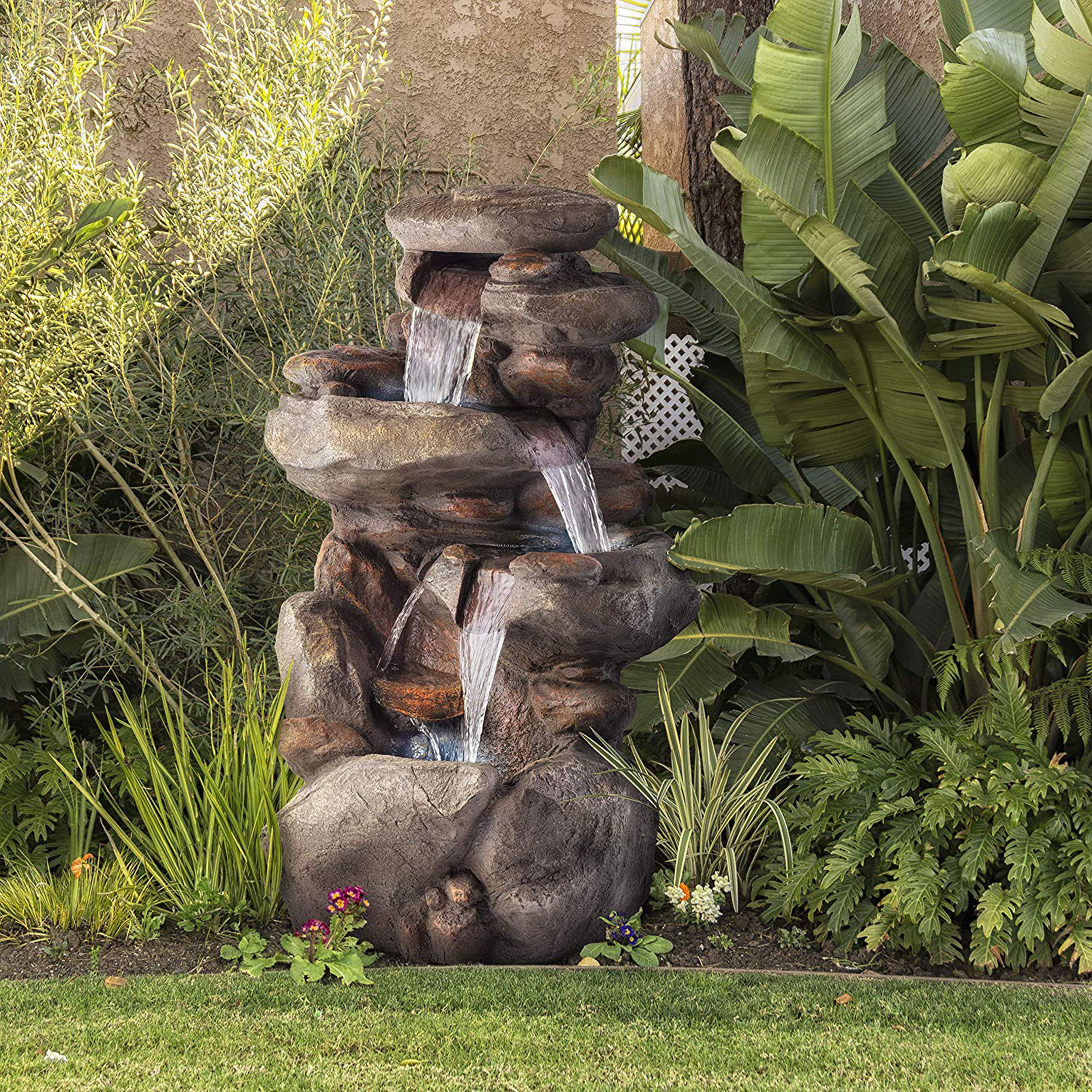 Millwood Pines Weather-Resistant Multi Tier Rock Outdoor Floor Fountain with LED lights & Reviews | Wayfair